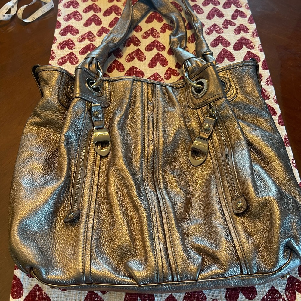 B Makowsky Pebble Leather Silver Handbag